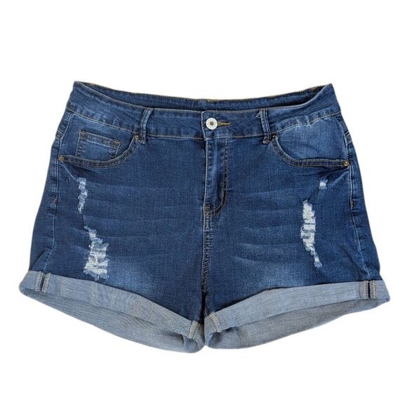 Womens Distressed Denim Cuffed Stretch Jean Shorts Medium Wash - Picture 1 of 3